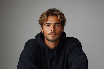 Obraz premium A young handsome man model posing in a black hoodie against an isolated background.