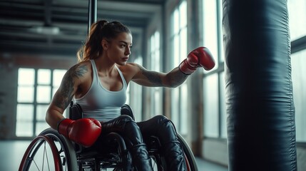 Empowering Adaptive Athlete Training in a Gym, Strong Woman in Wheelchair Punching Heavy Bag, Focused and Determined Boxing Practice, Inclusivity in Sports