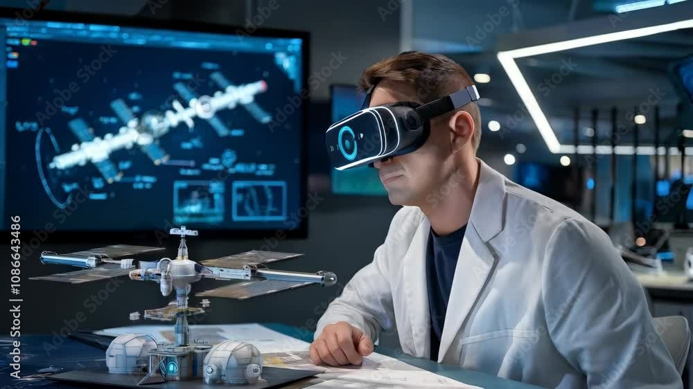 Poster a person in a lab coat uses virtual reality to interact with a 3d model of a spacecraft.