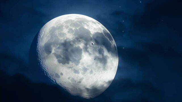 A glowing full moon shining through wispy clouds in the night sky, ethereal and mysterious vibe, 4K video