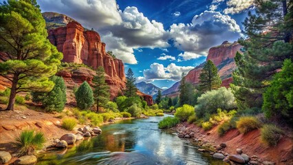 Vintage trek, Red Rock Canyon stream, emerald canopy.