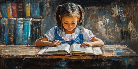 Young girl in a blue dress, with pigtails, sits at a wooden table, concentrating on reading a book with a bookshelf full of books behind her.
