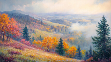 A misty view of autumn hills with colorful trees and hillsides.