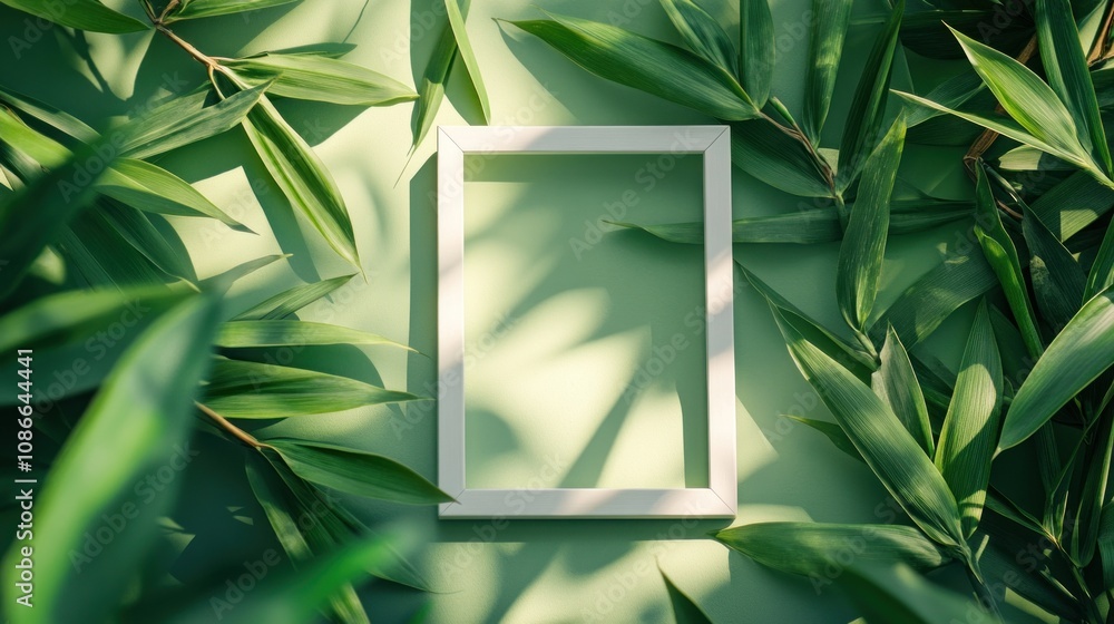 Poster a blank frame surrounded by lush green leaves on a soft green background.