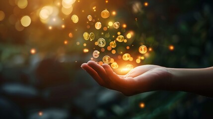 Close up an image of a hand holding a dollar sign, a symbol of wealth, floating up into the sky, indicating prosperity.