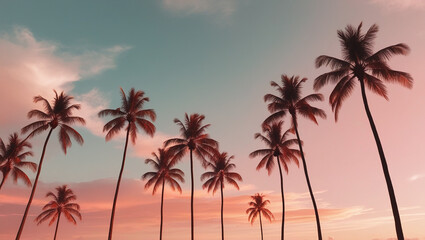 Tropical Palms against Golden Hour Sky, Malibu or Miami Beach Sunset Background Wallpaper