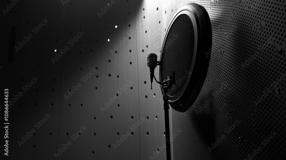 Poster a microphone with a pop filter in a soundproof studio environment.