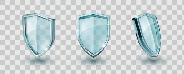 Glass security shields shown from different angles. Transparent protective emblems with blue glossy surfaces and reflective highlights for healthcare protection or defense software interface concept.