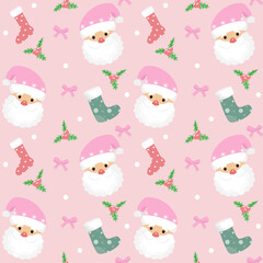 Pink Christmas seamless pattern with santa claus