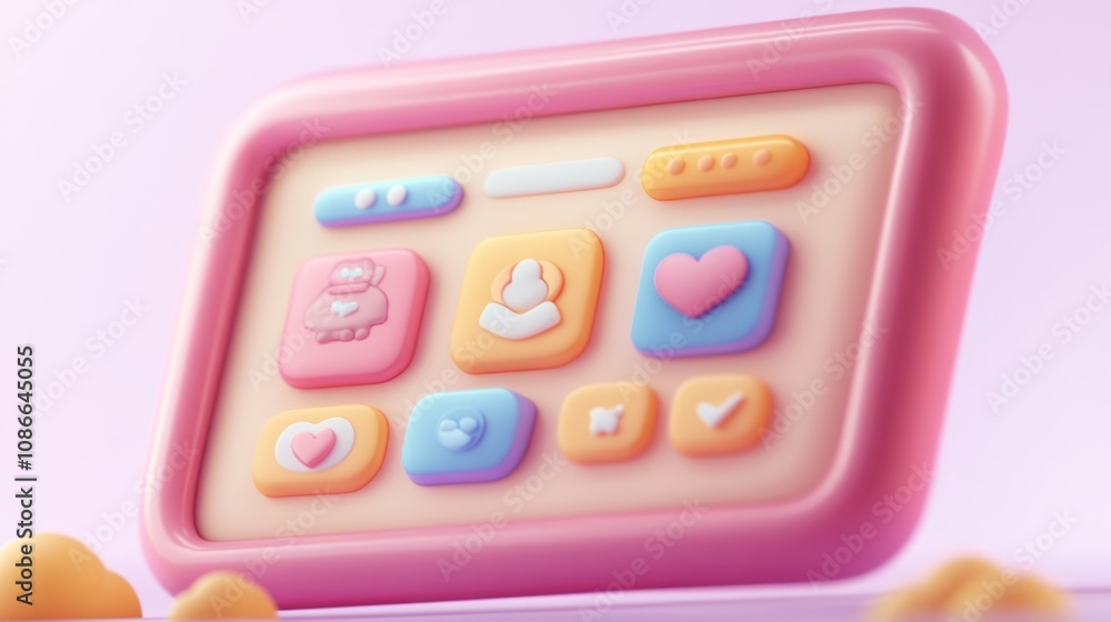 Poster A colorful, 3D-rendered interface with buttons for user interaction and navigation.