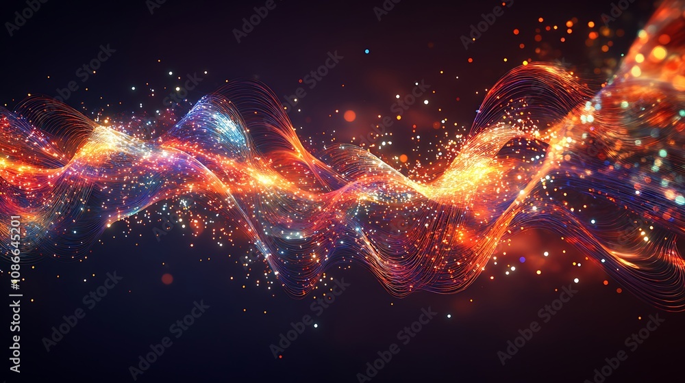 Wall mural abstract glowing wave with particles on a dark background.