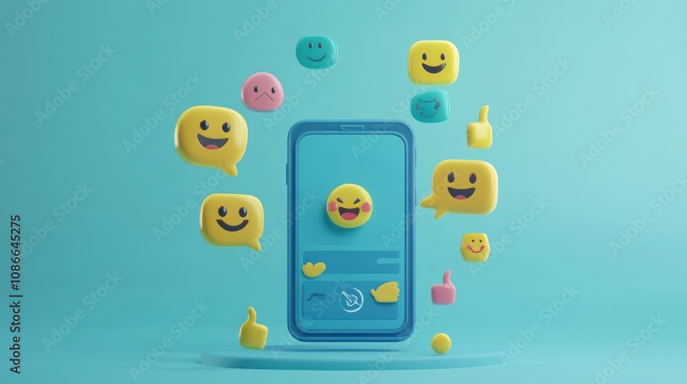 Poster a smartphone surrounded by colorful emoji icons representing communication and emotions.