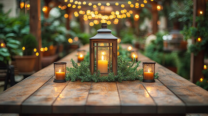 A wooden table with a rustic lantern centerpiece surrounded by greenery and fairy lights, perfect for a cozy,