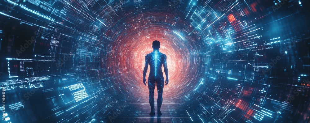 Poster a figure stands at the end of a glowing tunnel filled with digital patterns, symbolizing a journey i