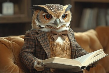 Cozy Study Lamp. Wise owl reading a book dressed in vintage tweed suit and bow tie sitting on leather armchair indoors, perfect for education, literature, wisdom concepts, cozy study, or autumn theme