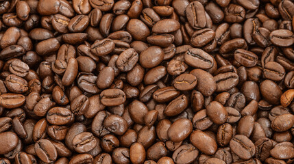 Obraz premium Close-up of roasted coffee beans, rich brown texture, ideal for coffee branding, food photography, and beverage industry visuals.