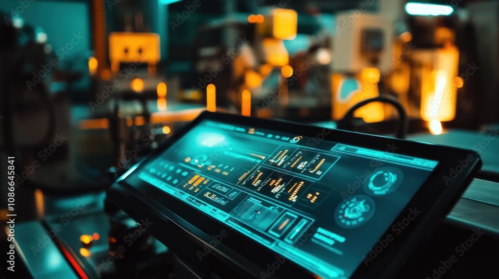 Poster A futuristic control panel displaying various metrics in an industrial setting.
