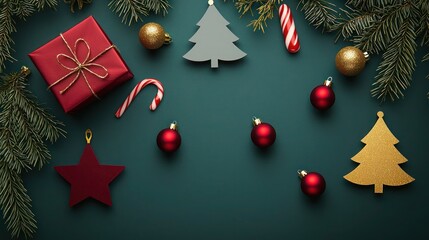 Minimalist Christmas symbols on a Dark Forest Green background using Cherry Red, Goldenrod, and Sky Blue with Soft Black shadows and Light Gray emboss