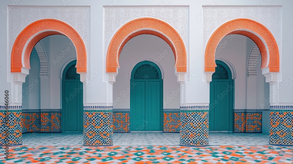 Poster a vibrant architectural space featuring arched doorways and colorful tile patterns.