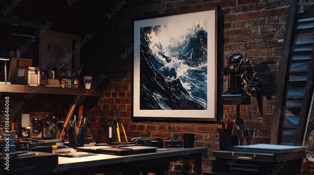 Aufkleber a cozy workspace featuring art and tools amidst a rustic brick backdrop.