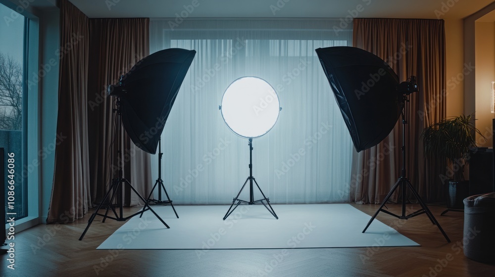 Poster a photography setup featuring softbox lights and a backdrop for studio shooting.