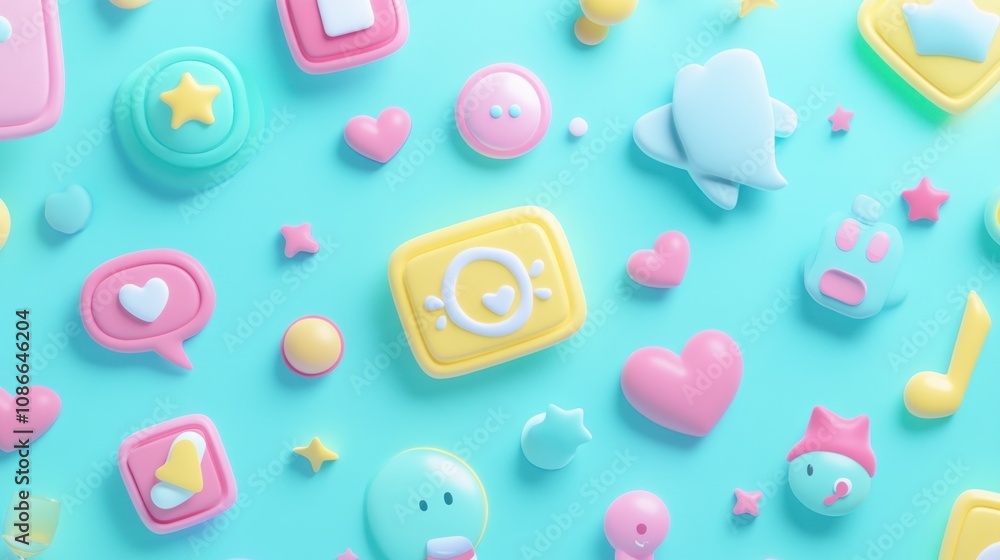 Poster a colorful arrangement of playful, 3d icons and shapes on a bright background.