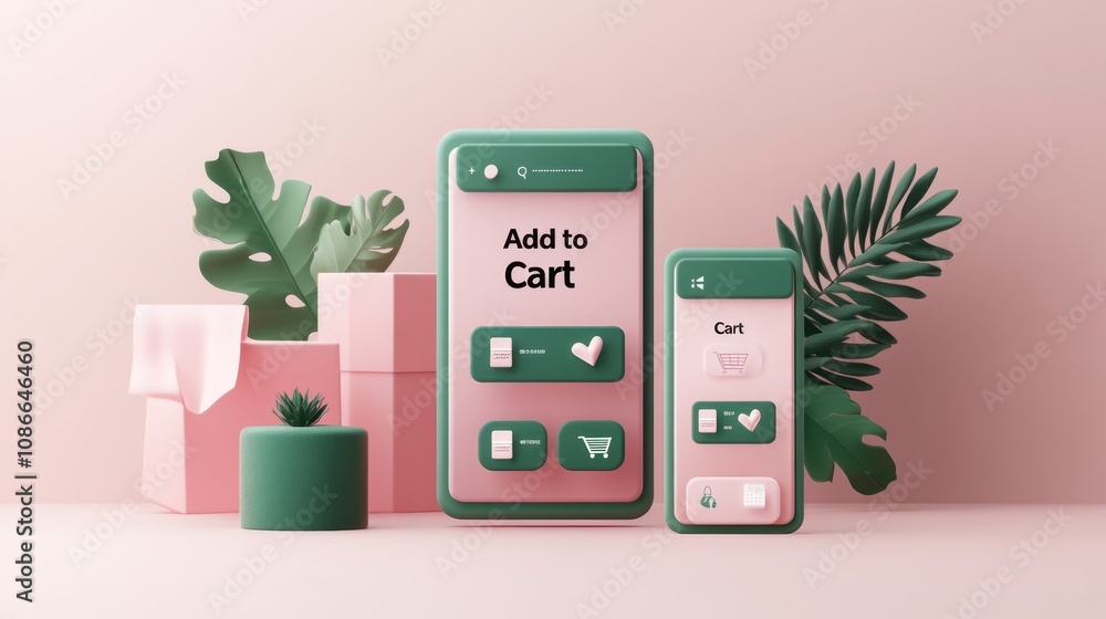 Aufkleber A digital shopping interface displayed on stylized mobile devices with a minimalist design.