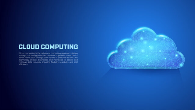 Digital Cloud computing on dark blue background, wireframe cloud symbol illustration suitable for presentation background about servers, databases, holograms and cloud storage.