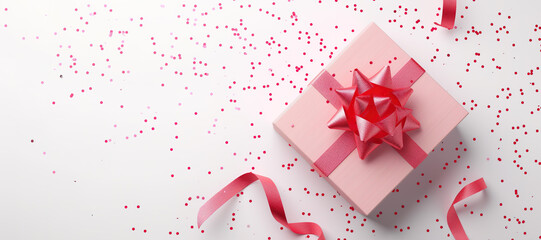 gift box with pink ribbon and confetti background 3