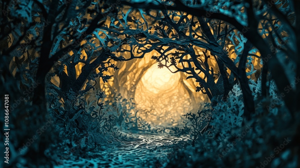 Aufkleber A mystical forest path illuminated by warm light, creating an enchanting atmosphere.