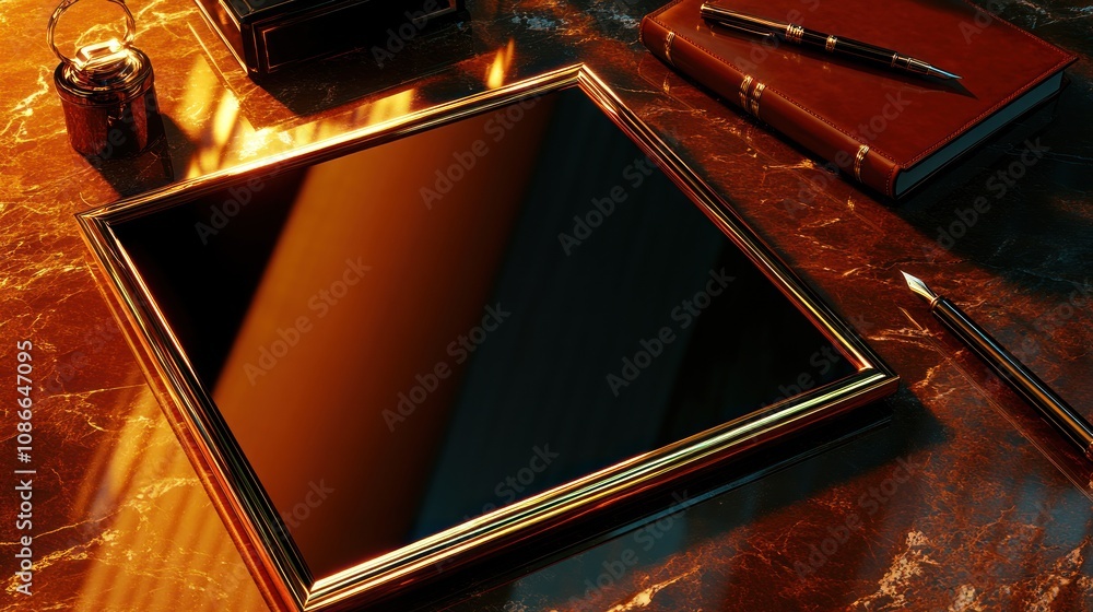 Aufkleber a reflective picture frame on a polished surface, suggesting a creative workspace.