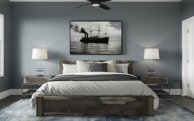 A modern bedroom with a black ceiling fan, a bed with white linens and a rug on the floor.  A black and white photo of a ship hangs on the wall above the headboard