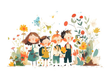 Fototapeta premium Charming illustration of cheerful children in a colorful garden setting