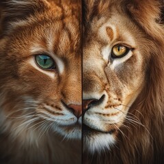Obraz premium Close-up split face of lion and cat with fierce and calm expressions