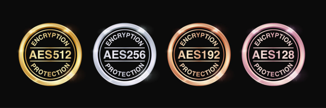 Advanced Encryption Standard: AES128, AES192, AES256, AES512 Protection Badge and Icon for Data Encryption and Network Security. Vector.