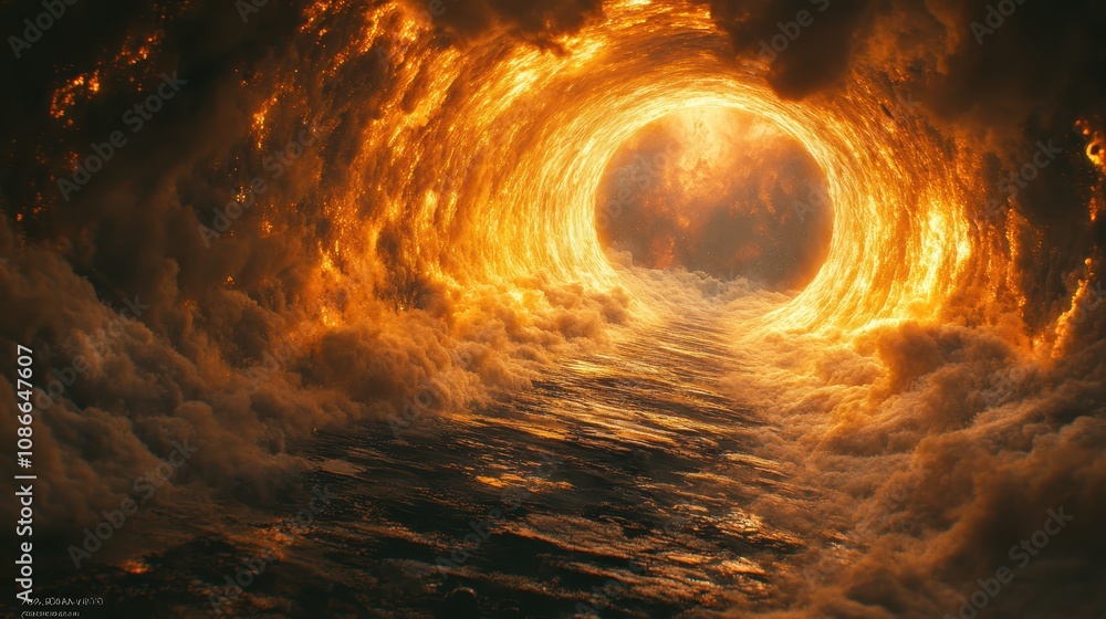 Poster a mesmerizing view of a fiery vortex emerging from turbulent waters, illuminated by an ethereal glow