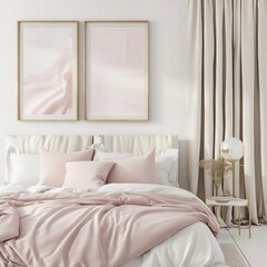 A cozy bedroom with a pink and beige color scheme, featuring a bed with fluffy pillows and blankets, a side table with a lamp, and two framed pictures on the wall
