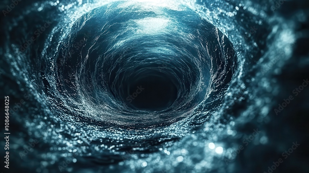 Poster a swirling vortex of water, captured in deep blue tones, creating a mesmerizing and mysterious visua