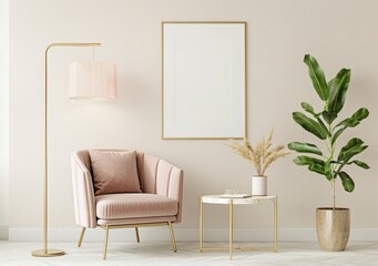 A pink armchair with gold accents sits next to a round table in a minimalist living room with a large, blank, gold-framed picture on the wall