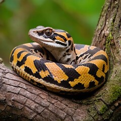 Obraz premium A brightly patterned boa constrictor coiled around a tree trunk.