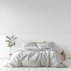 Minimalist bedroom interior with white bedding, a light wood floor, and a hanging lightbulb