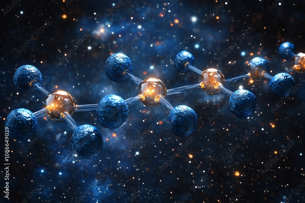 Poster 3D rendering of a molecule against a cosmic backdrop.