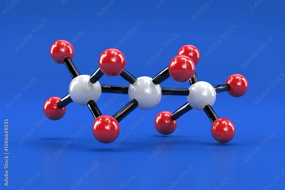 Poster 3d rendering of a molecule model with red and white spheres connected by black rods on a blue backgr