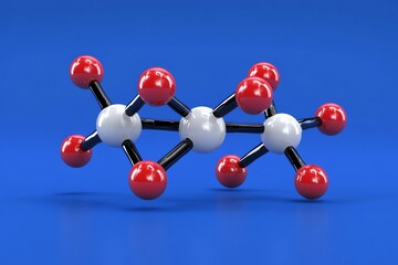 Obraz premium 3D rendering of a molecule model with red and white spheres connected by black rods on a blue background.