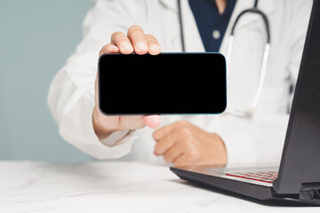 Doctor holding smartphone with blank screen near laptop.