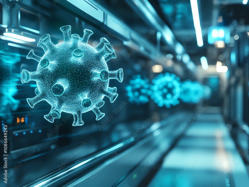 Poster 3D rendering of a virus model in a futuristic tech environment.