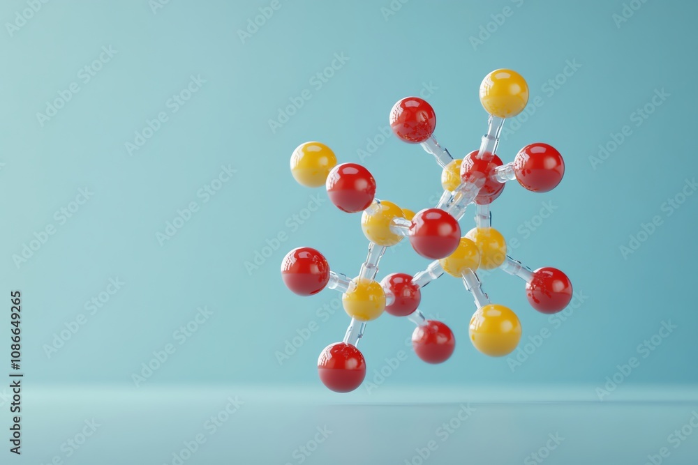Poster 3D rendering of a molecule model with red and yellow spheres connected by transparent rods against a light-blue background.