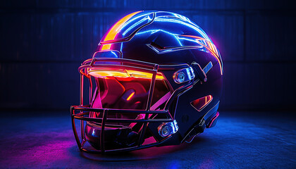 Futuristic sports helmet illuminated with neon lights, showcasing modern design innovation against a dark industrial background.