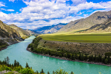 Turquoise Katun River and Altai Mountains