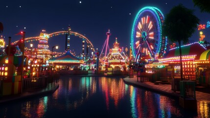 Obraz premium A vibrant amusement park at night with colorful lights reflecting in the water.